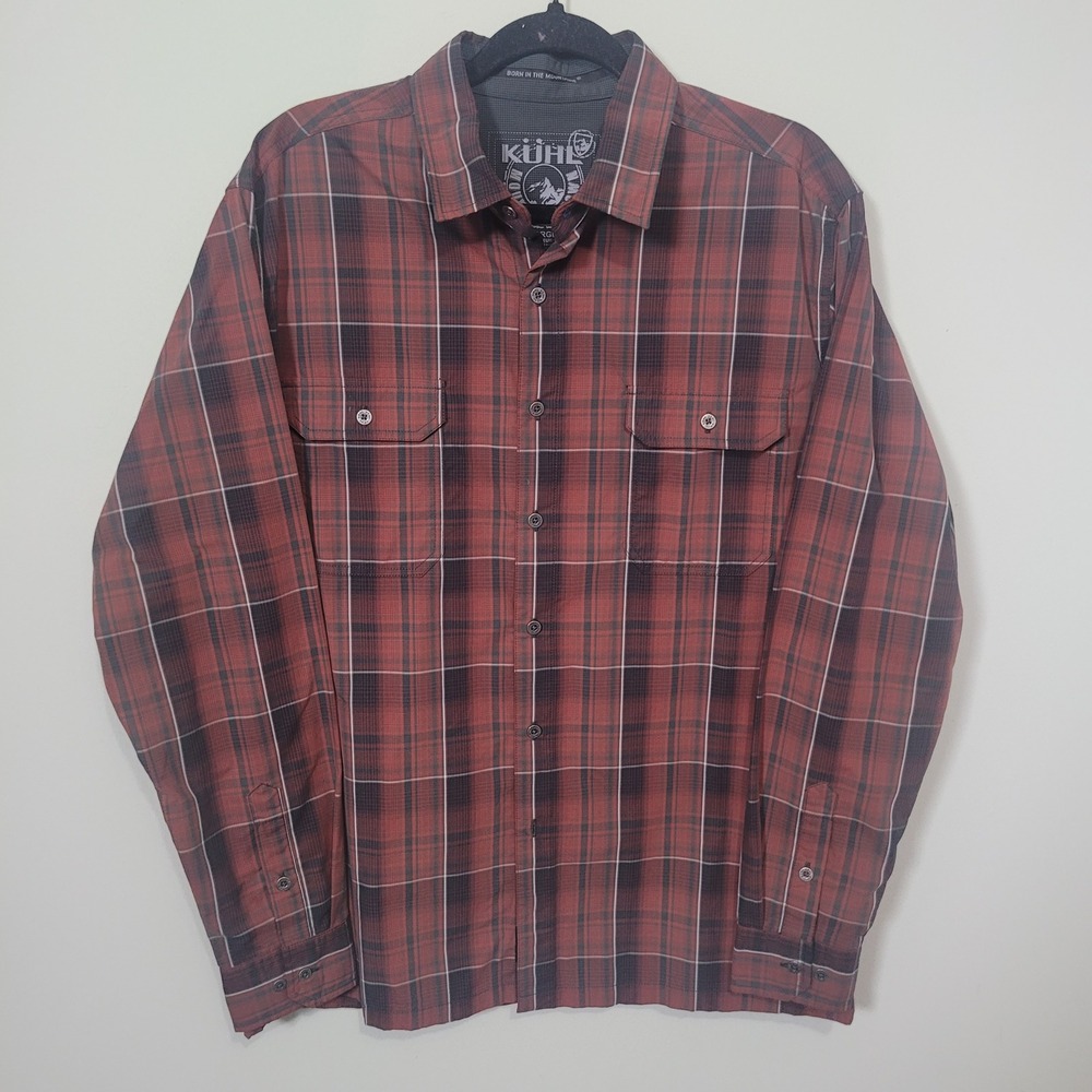 KUHL Size Large Eluxur Plaid Button Down Shirt Mens Red Technical Long Sleeve